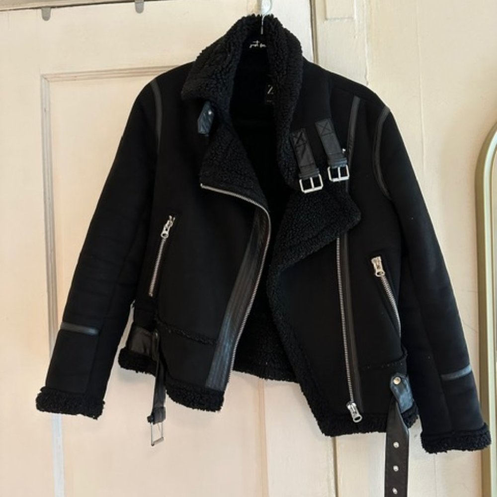 Zara Shearling Suede Double Face Biker Jacket